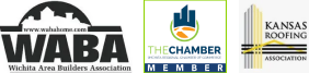 Three association logos: WABA, The Chamber, and Kansas Roofing Association.