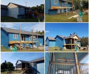 Collage of a blue house and deck under construction, showing exterior views and a framed porch interior.