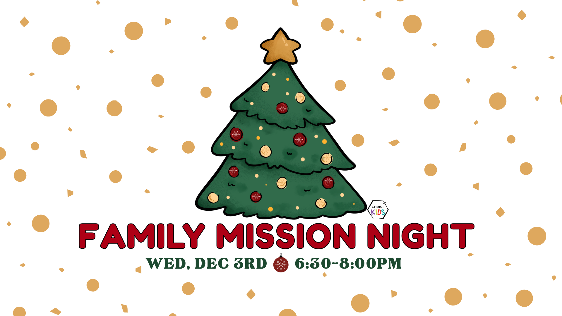 Family Mission Night event with Christmas tree graphic.