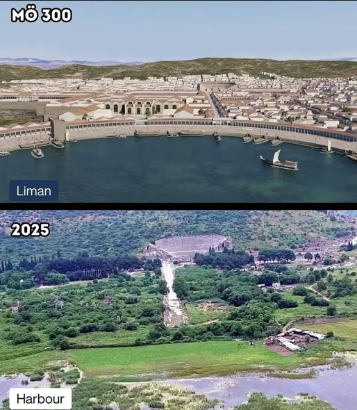 Comparison of ancient port city (300 BC) and present day harbour (2025), showing historical change of landscape.
