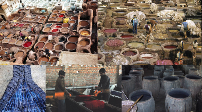Leather tanneries with numerous vats of colorful dyes, and workers. Leather is soaked and dyed by hand.