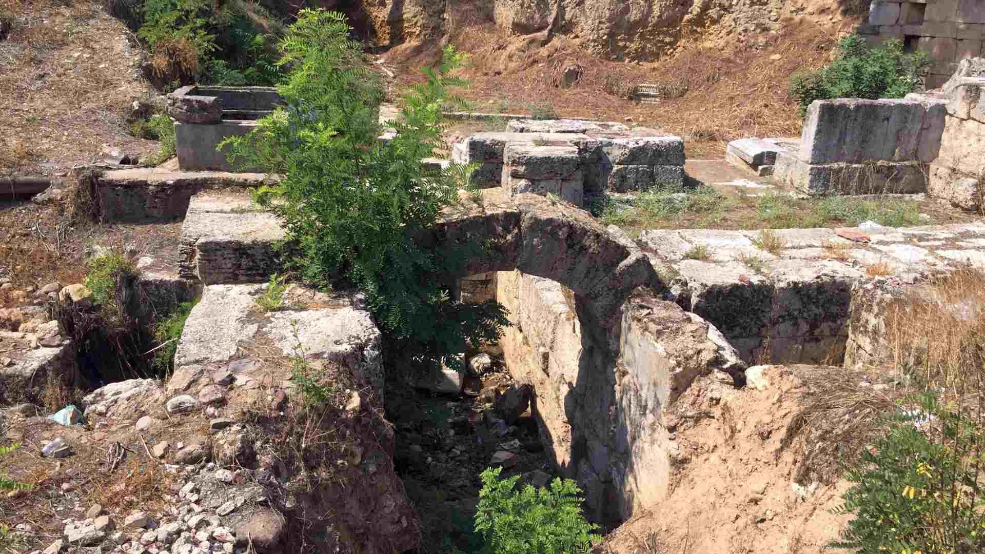 Ruins of an archway with overgrown vegetation; tan stone structures in a dry, outdoor setting.
