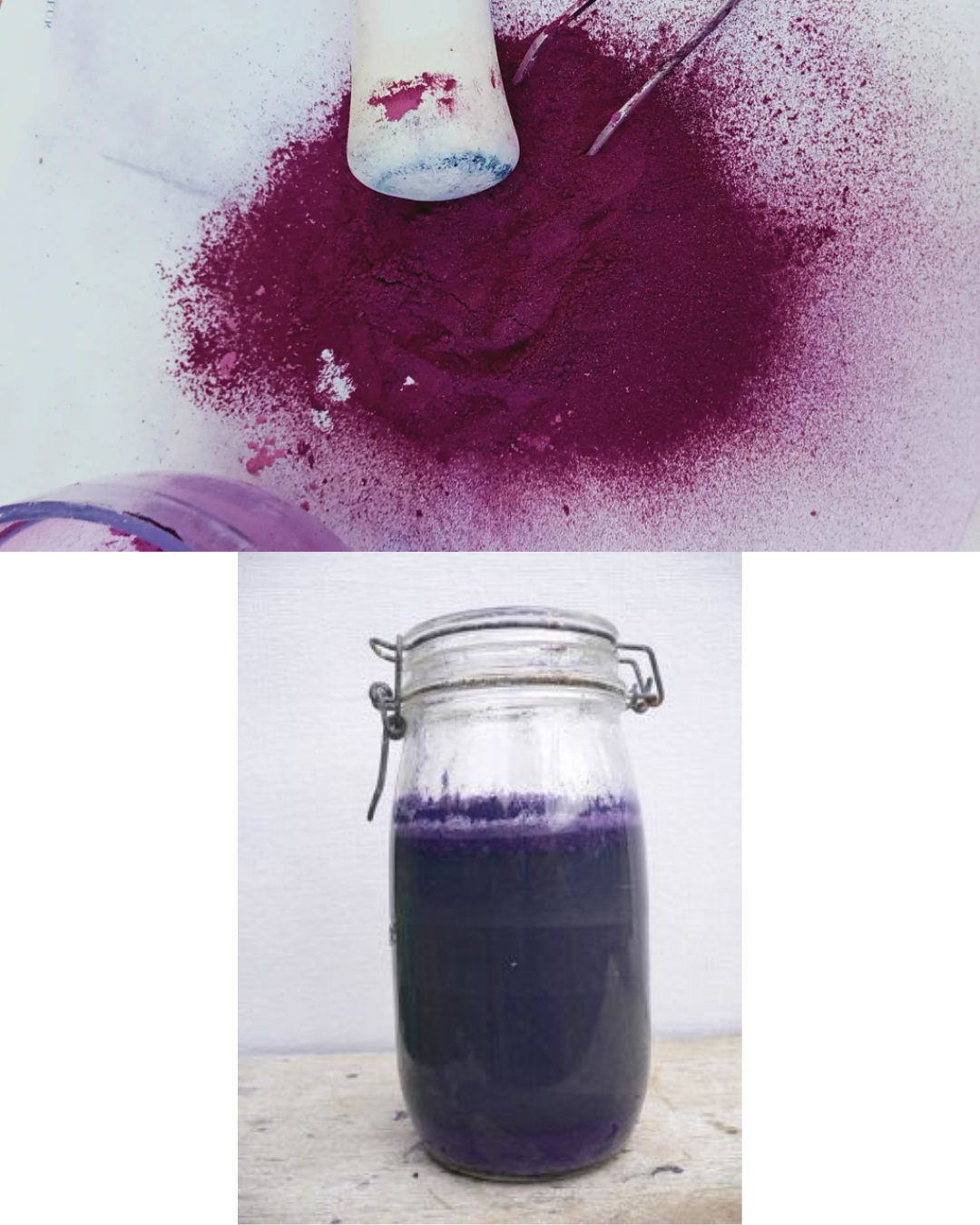 Top: Purple powder being ground with a mortar and pestle. Bottom: jar filled with purple liquid.