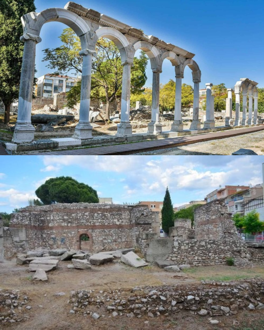 Two photos of ancient ruins in daylight. Upper: marble columns with arch. Lower: stone walls.