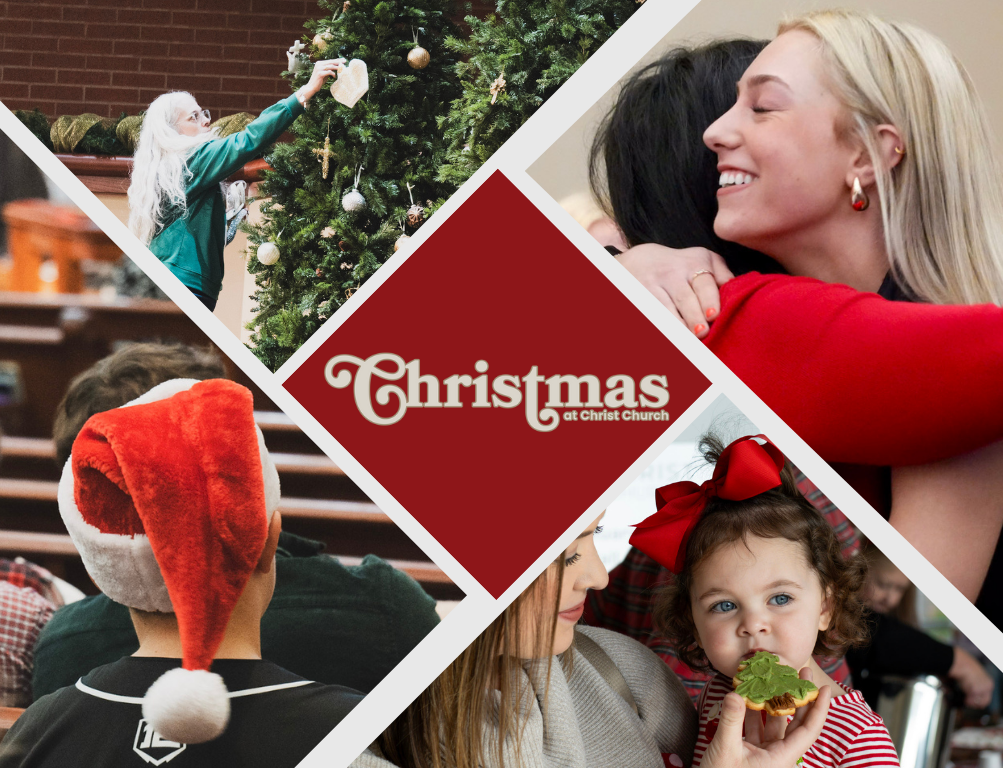 Collage with people celebrating Christmas: decorating tree, hugging, eating cookie, wearing Santa hat.