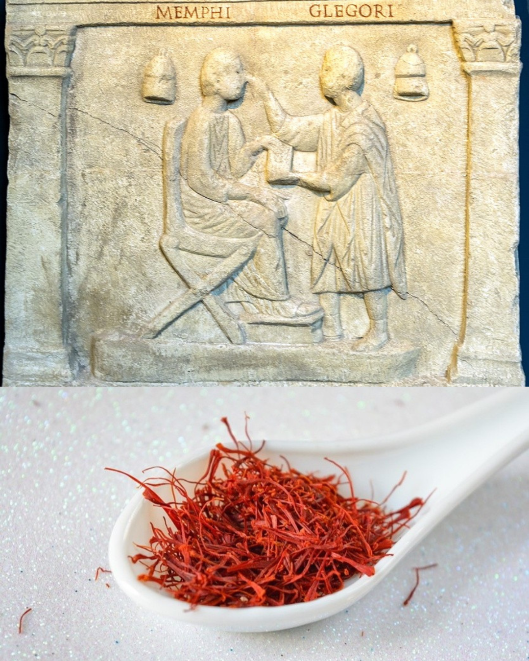 Roman relief carving, one figure offering a spice, with saffron threads in a spoon below.