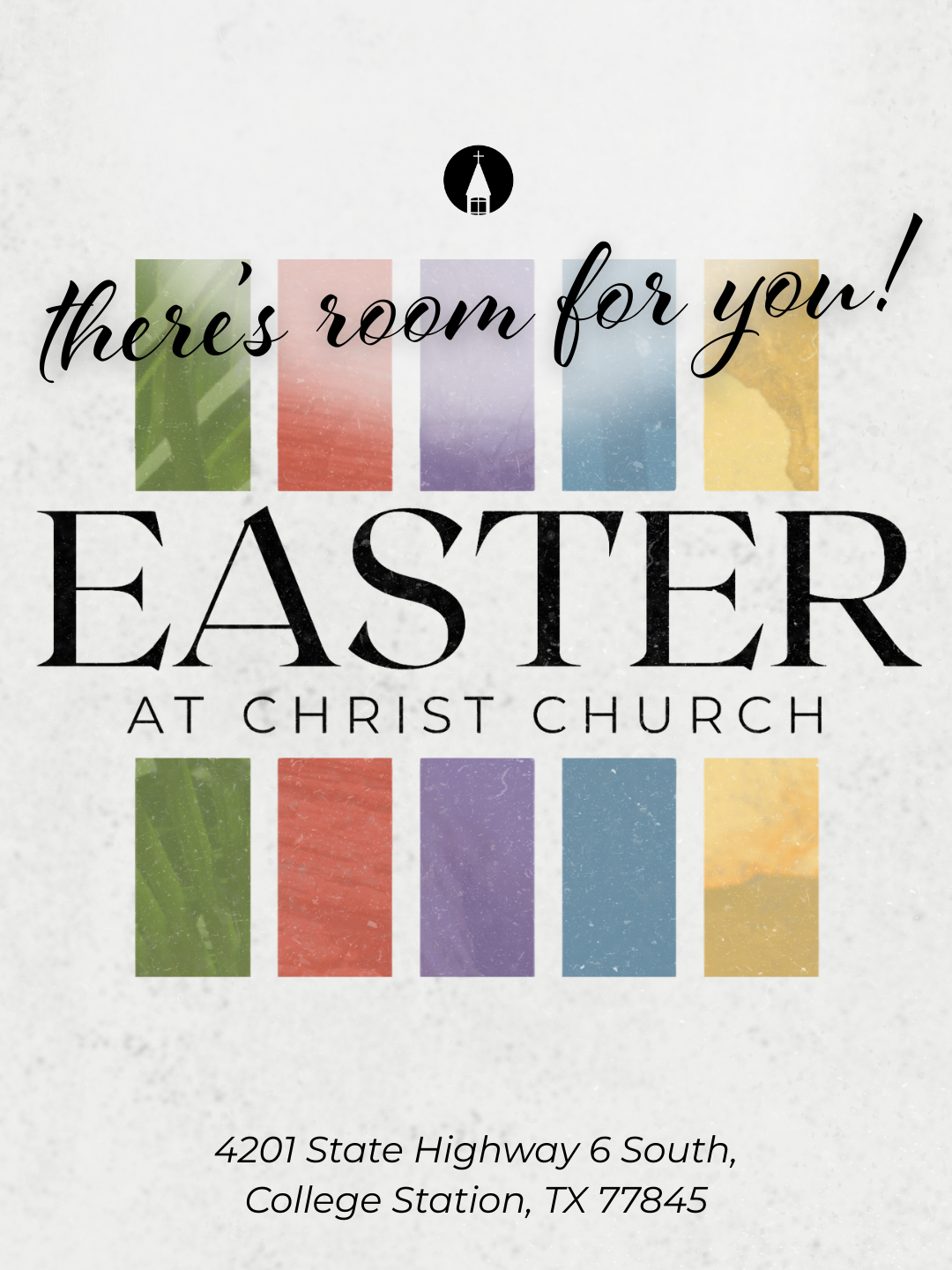 Easter at Christ Church announcement with colorful blocks and text. Located in College Station, TX.