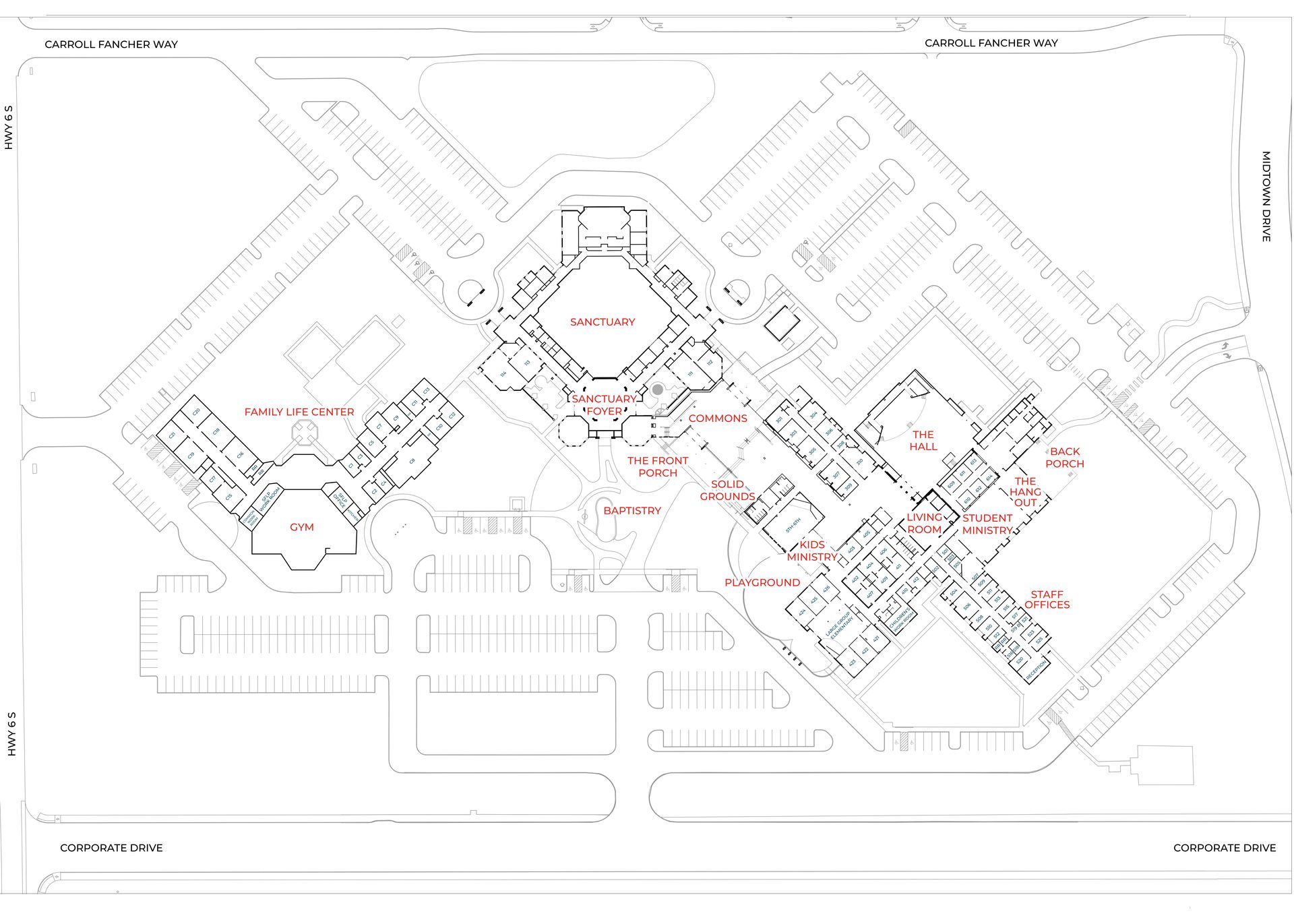 A black and white floor plan of a building.