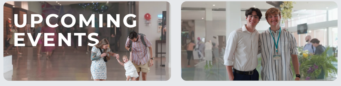 Upcoming events banner with two panels: People in a hall, and two smiling people.