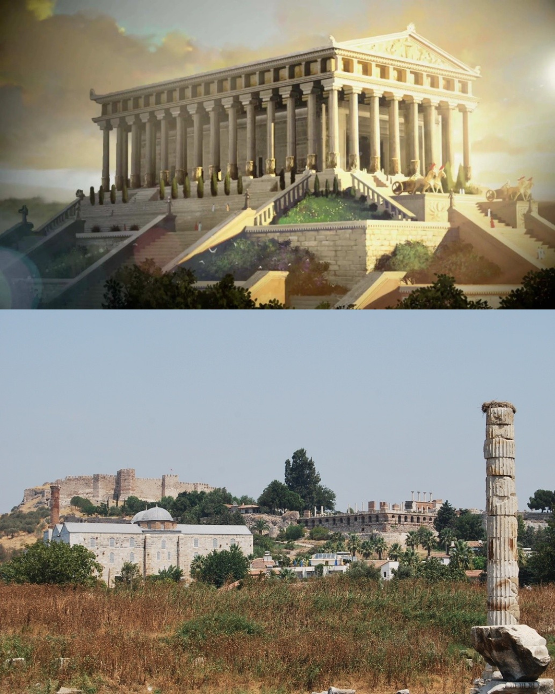 Top: Artistic rendering of the Temple of Artemis. Bottom: Ruins of the temple site with a single column.