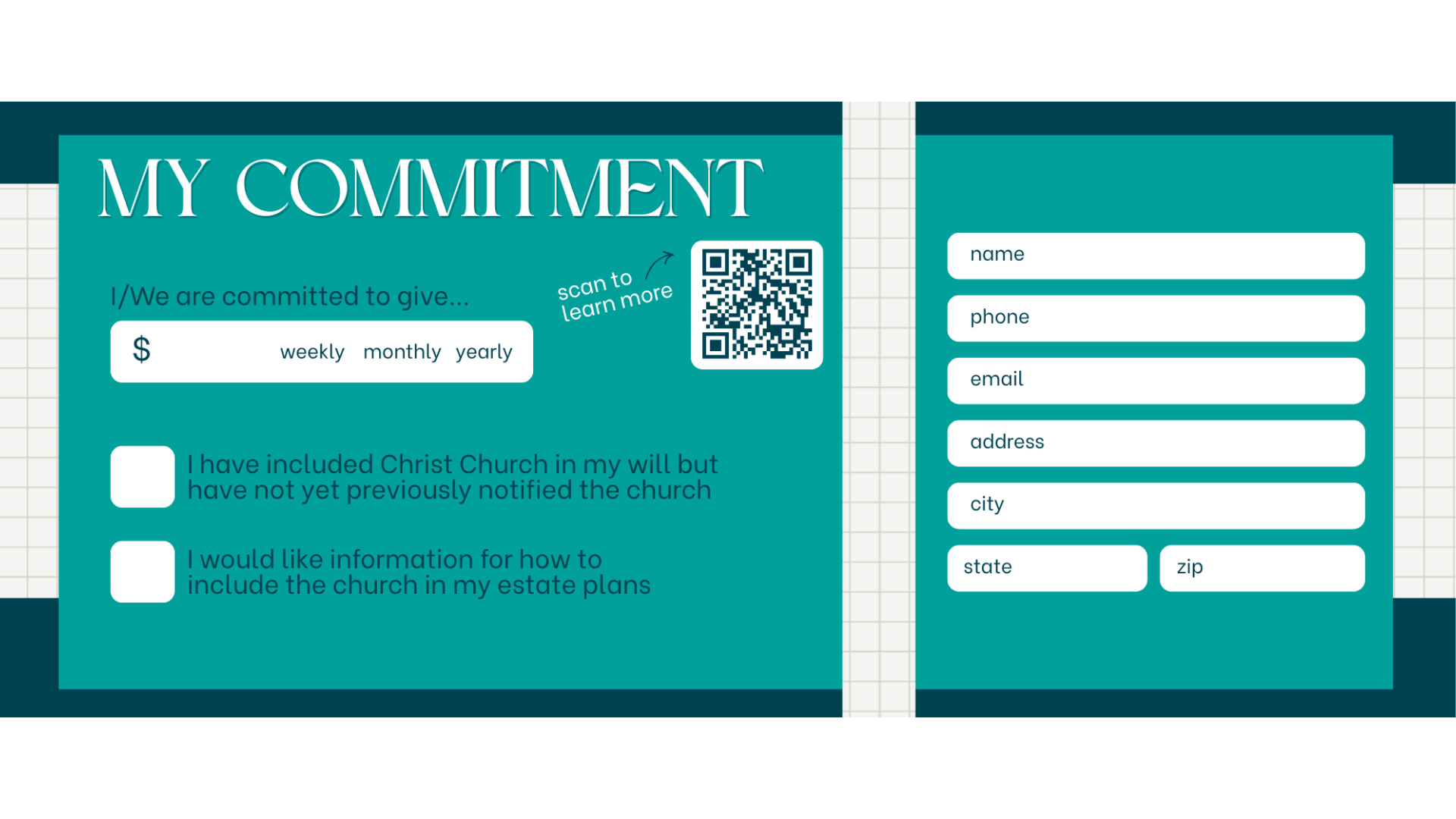 Commitment form with a donation amount field, checkboxes, and contact fields. Turquoise and white design.