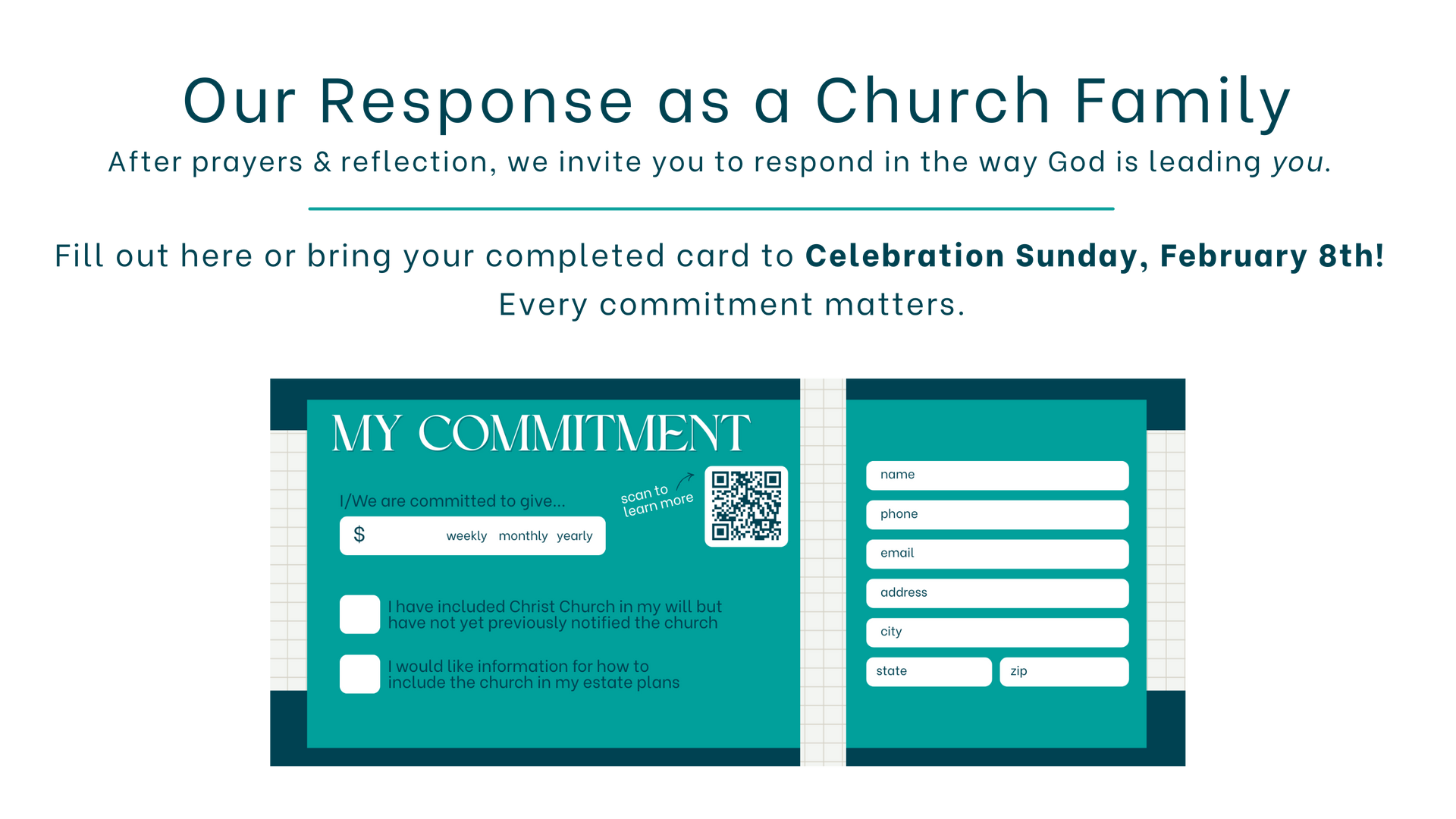 Church commitment card with fill-in fields. Teal and white design, text about responding to God's lead.