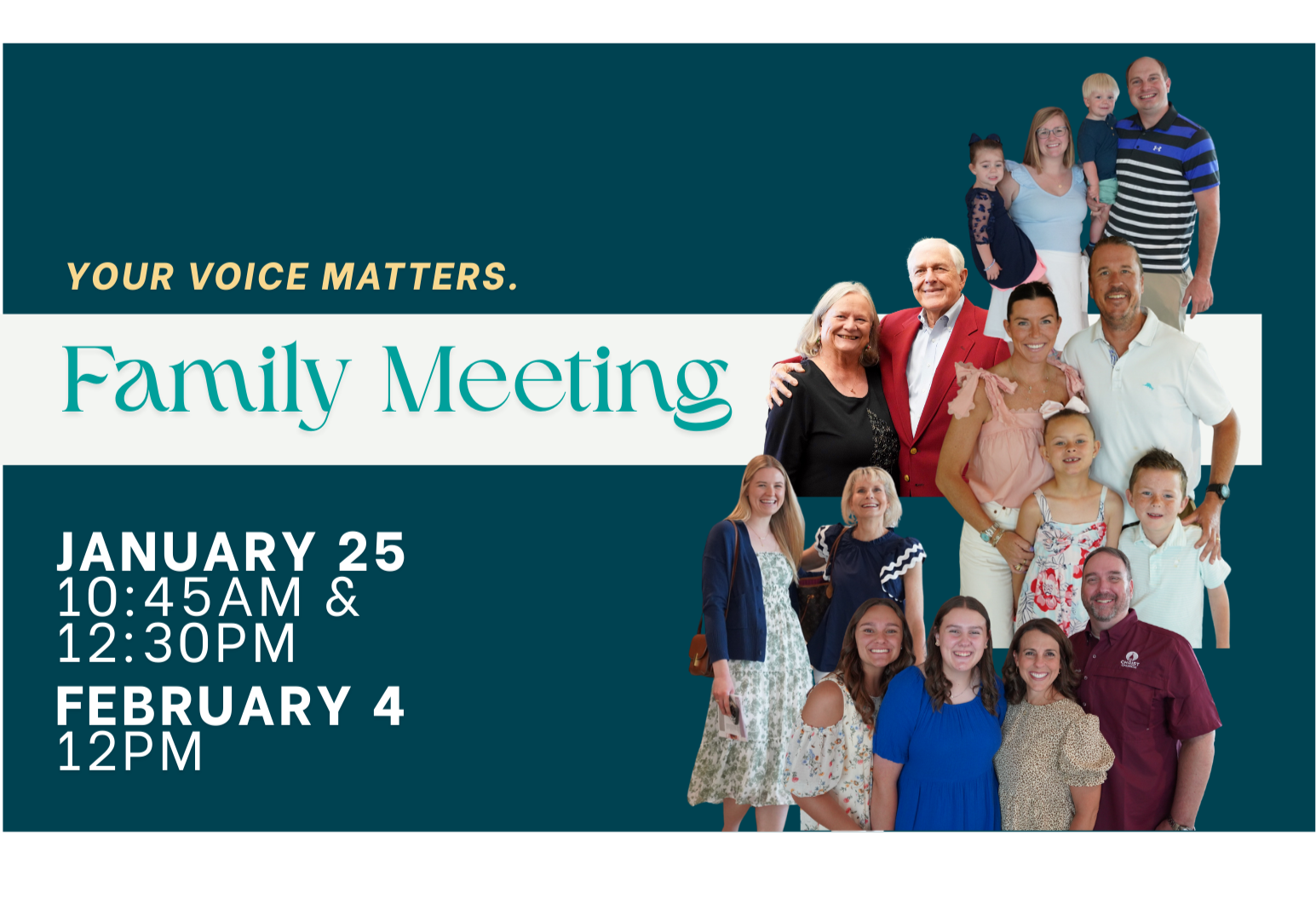 Poster for a family meeting with teal background, text, and group photos. Meeting dates and times are listed.
