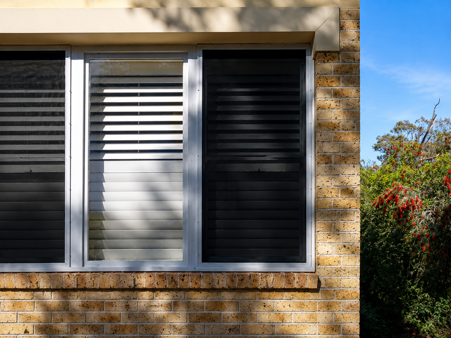 Brick house window with three dark shutters, one white slatted blind, and sunlight on the wall