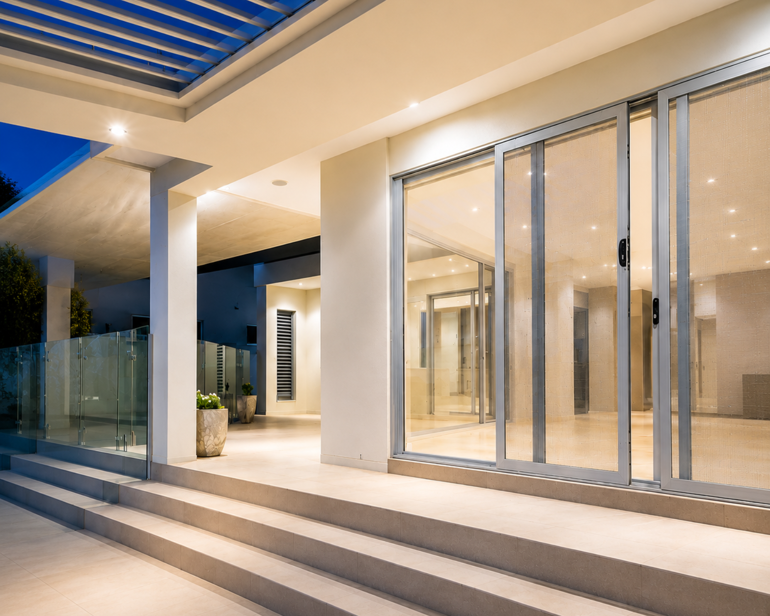Modern house patio with glass sliding doors, steps, and a covered porch at dusk