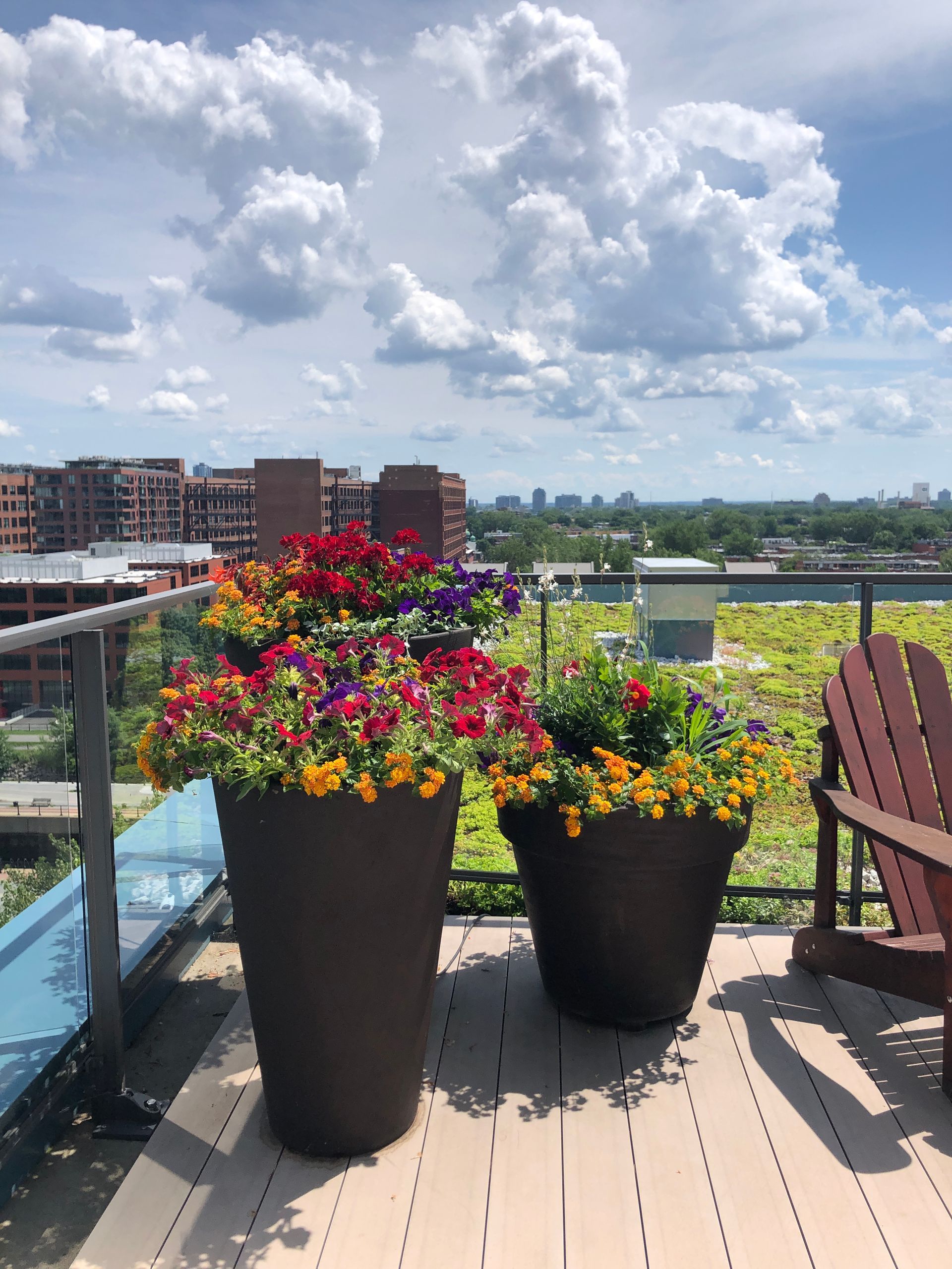 Deux jardinières remplies de fleurs sont posées sur un balcon.