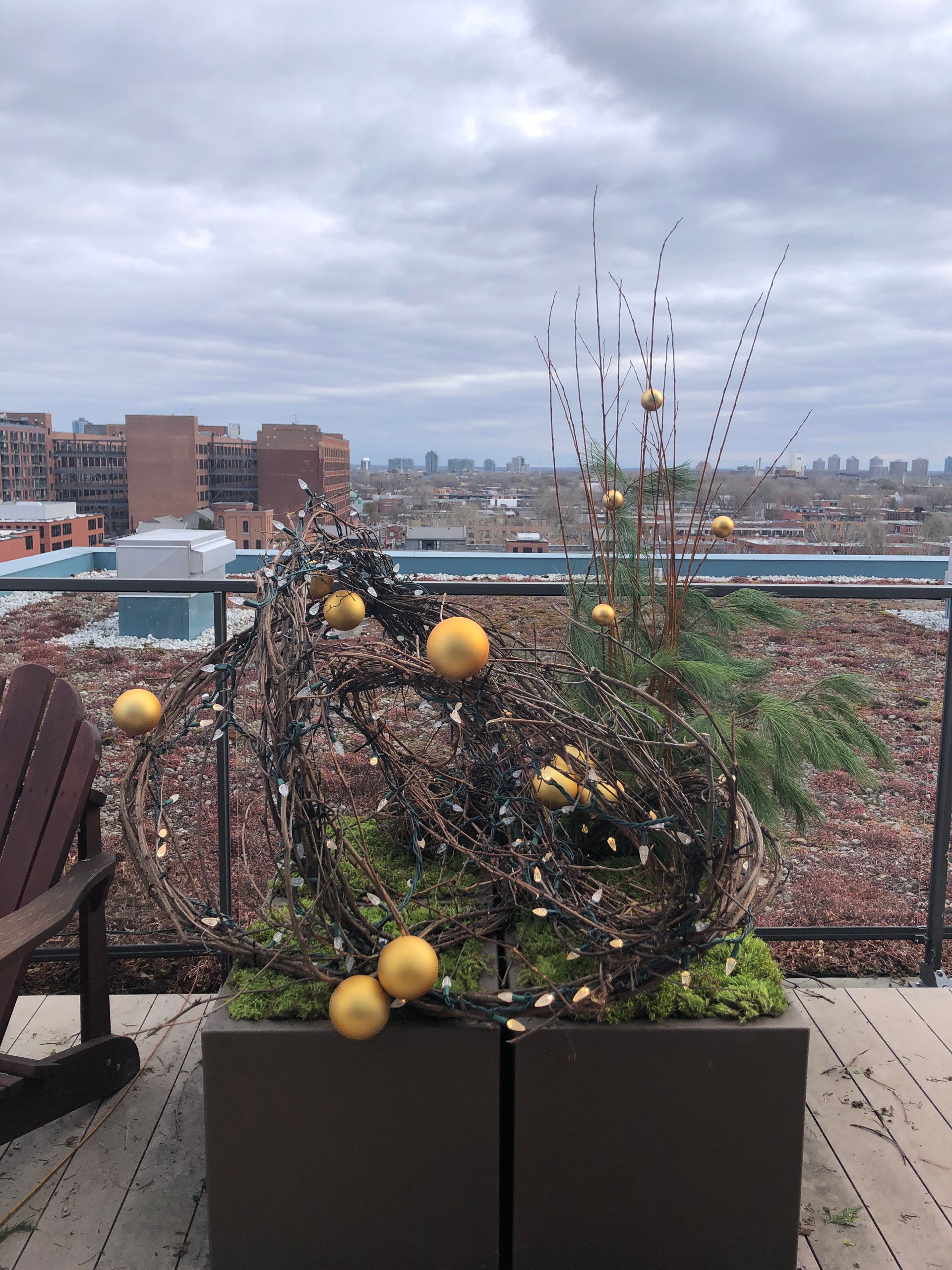 Une jardinière sur un balcon avec vue sur une ville