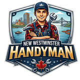 Logo for New Westminster Handyman featuring two cartoon handymen with tools.
