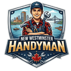Logo for New Westminster Handyman featuring two cartoon handymen with tools.