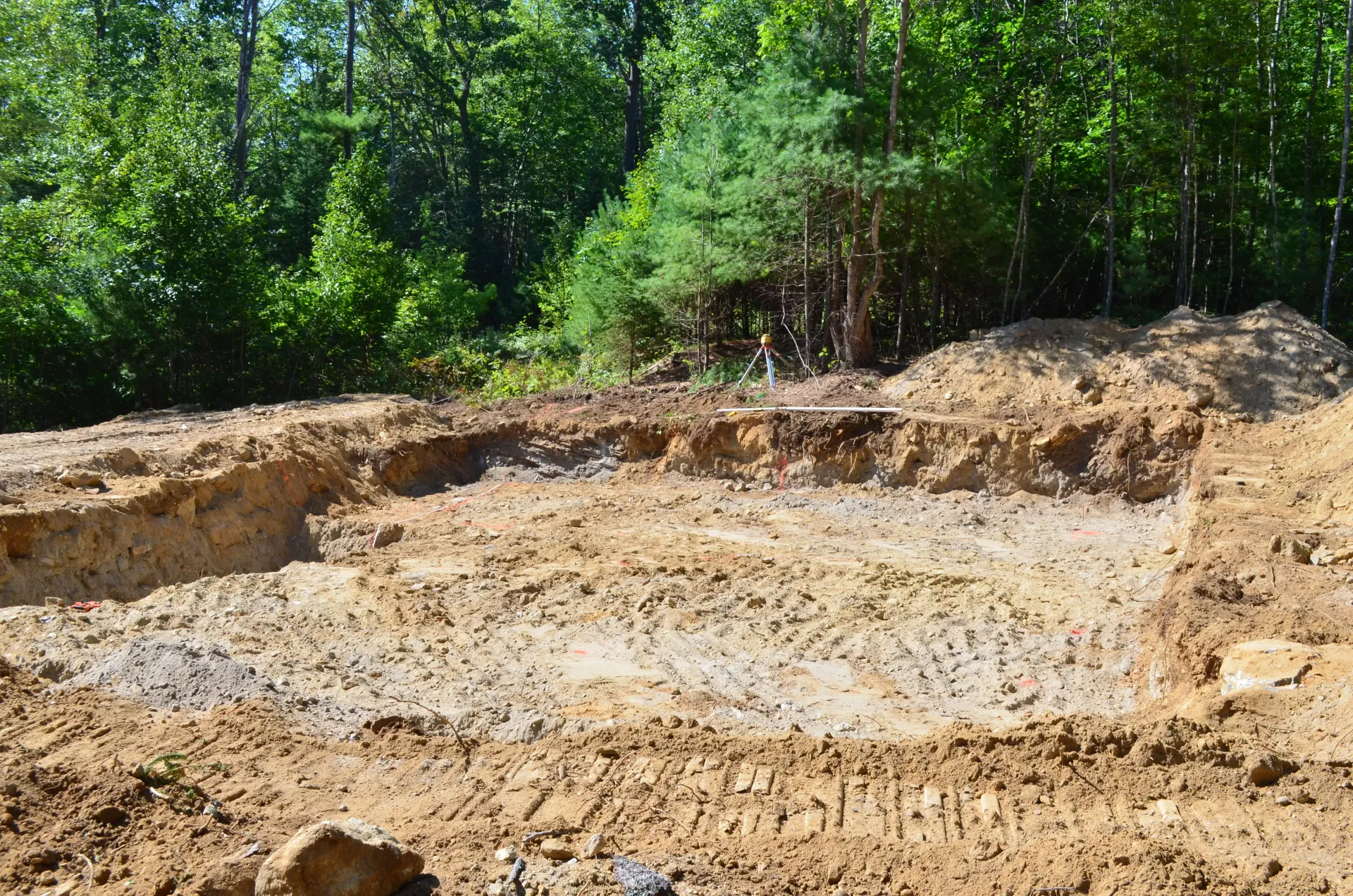 A pile of dirt is sitting in the middle of a forest.