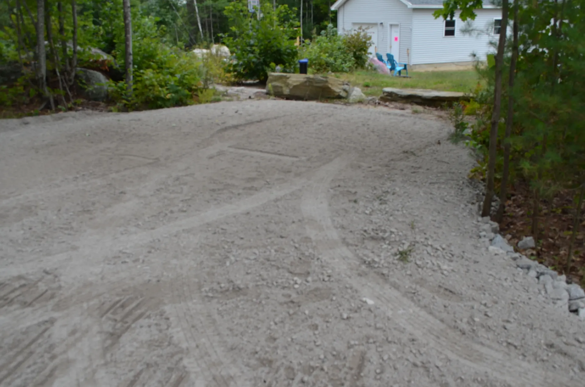A dirt road leading to a house in the woods.