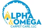 Logo for Alpha & Omega Carpet Care, LLC: blue text & circle with yellow accent, bubbles.