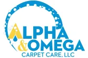 Logo for Alpha & Omega Carpet Care, LLC: blue text & circle with yellow accent, bubbles.