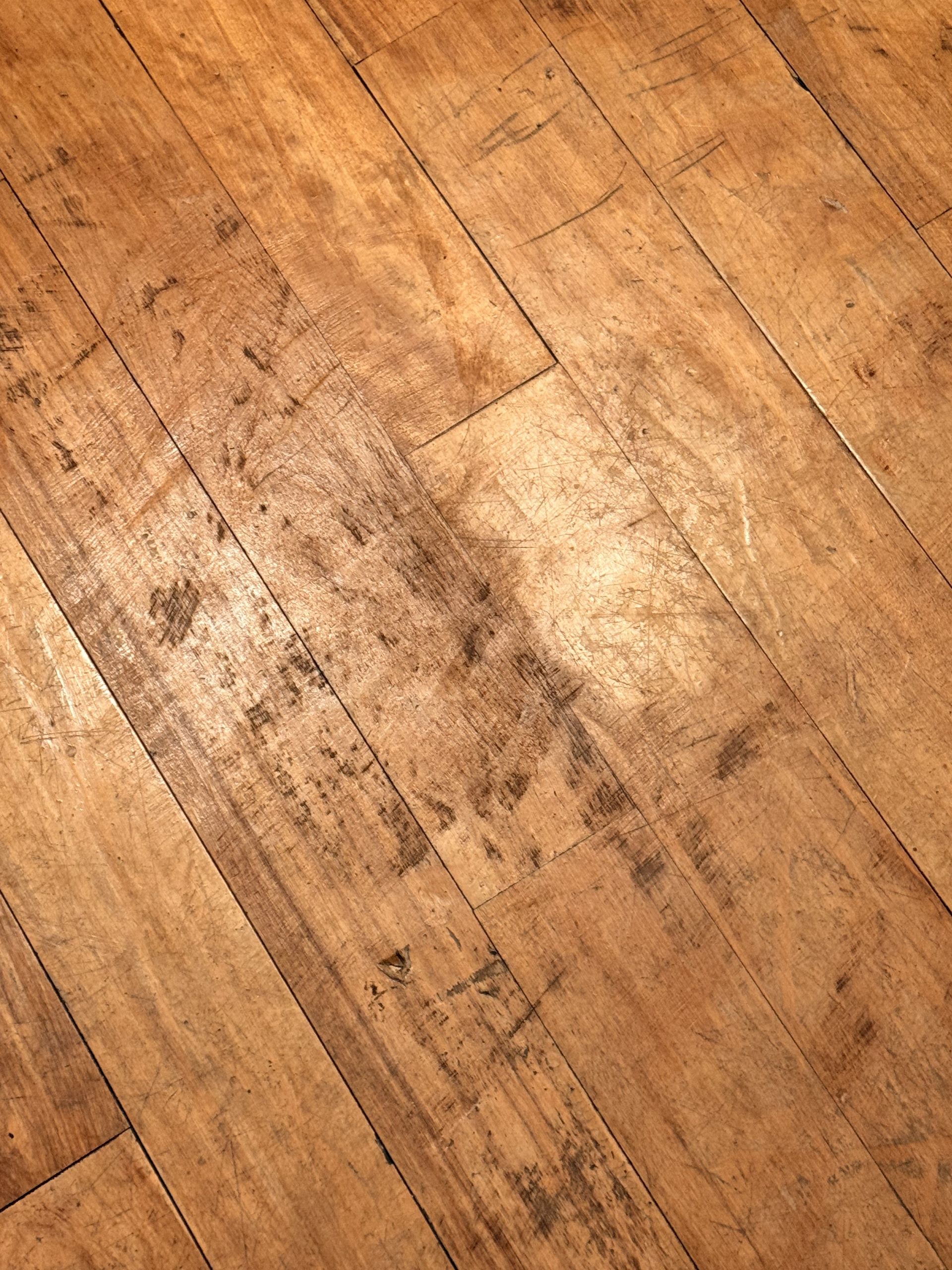 Scuffed wooden floor with a worn, lighter patch in the center