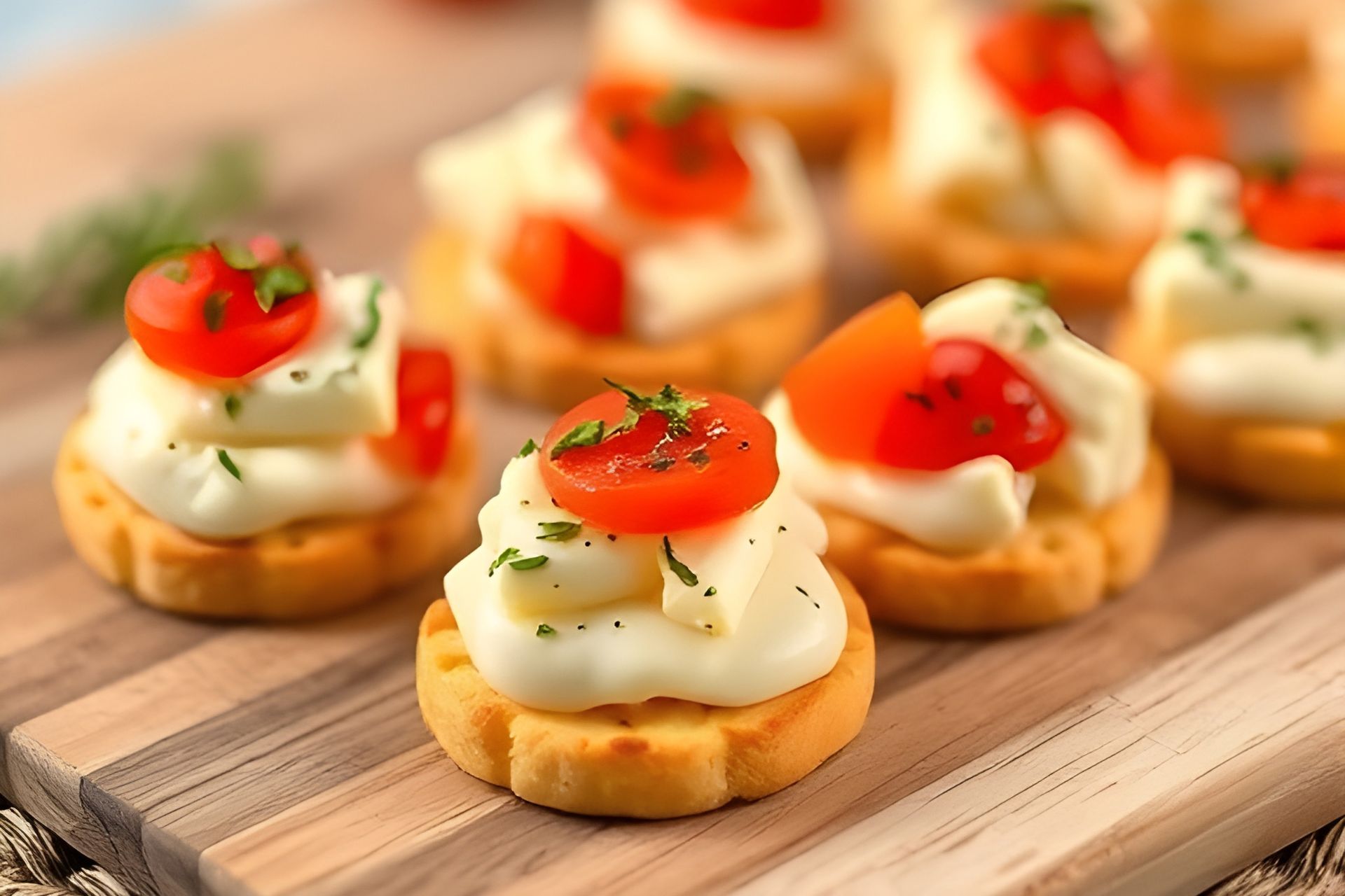 Crackers topped with cream cheese and cherry tomatoes, on a wooden board.