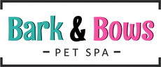 Bark & Bows Pet Spa logo in teal, black, and pink on a white background