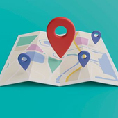 Folded paper map with red and blue location pins on a turquoise background