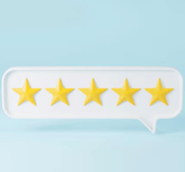 Five gold stars inside a white speech bubble on a light blue background