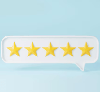 Five gold stars inside a white speech bubble on a light blue background