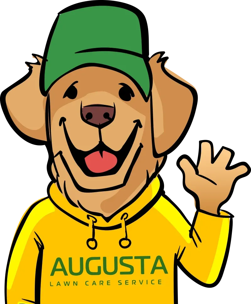 Mascot wearing green cap and yellow hoodie, waving. 