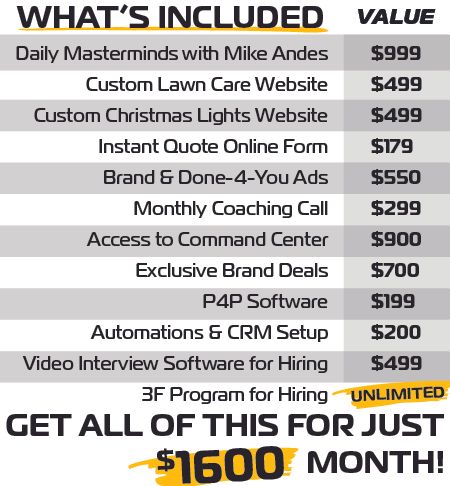 List of services and values, total $1600/month: Lawn care, website, ads, coaching, software.