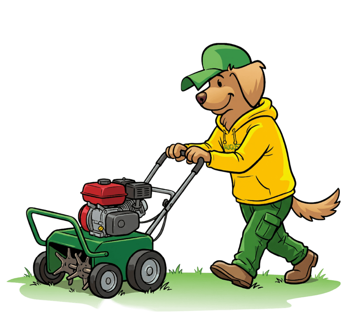 Augusta Lawn Care Mascot pushing aeration machine