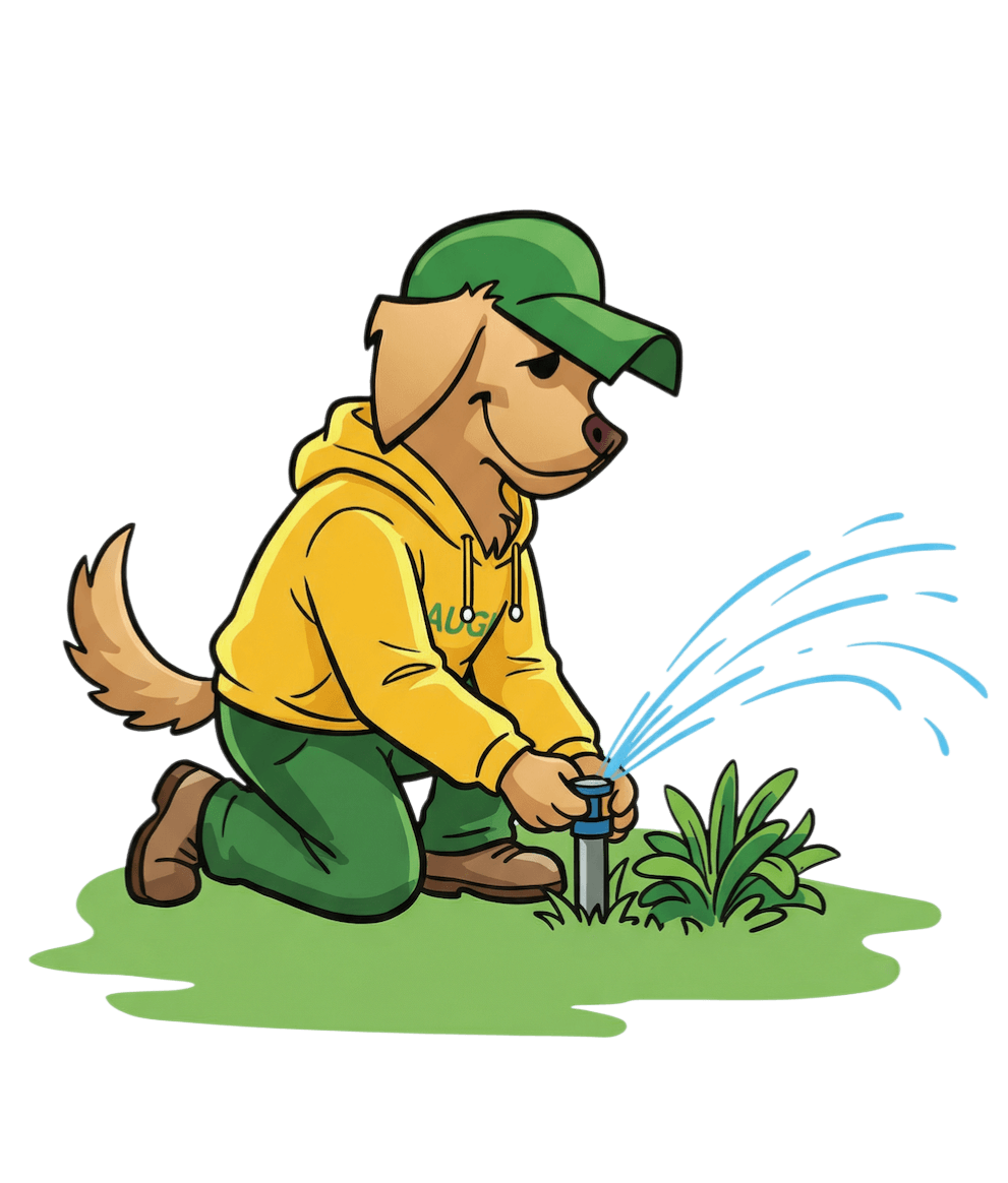 Augusta Lawn Care Mascot repairing irrigation