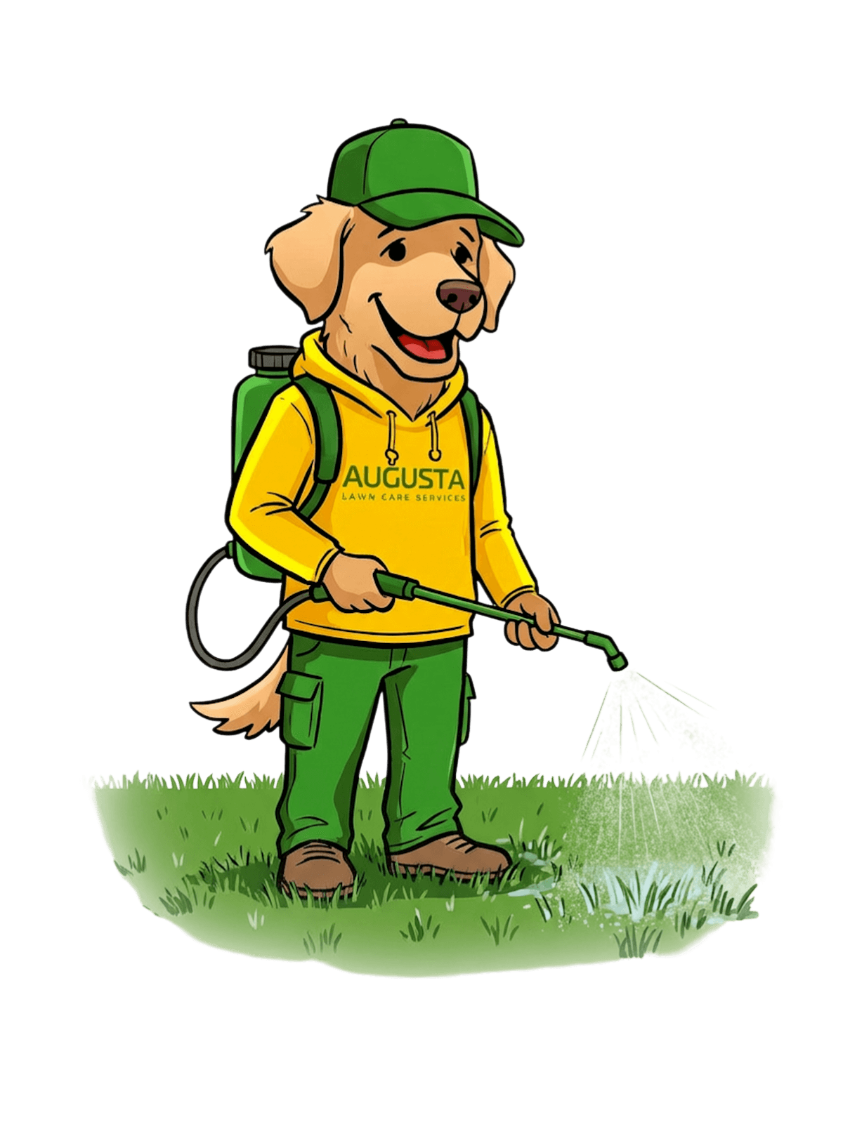 Augusta Lawn Care Mascot spraying turf