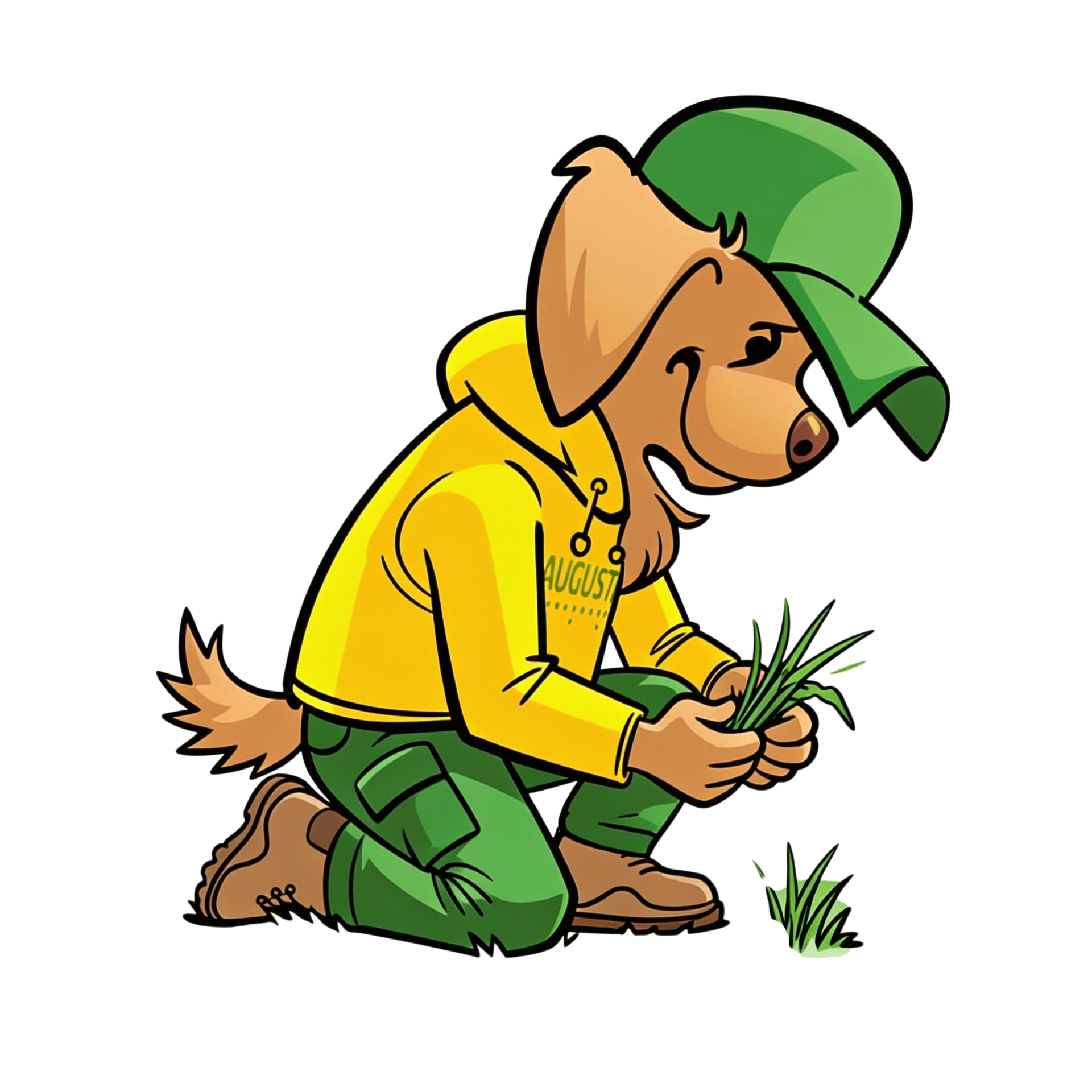 Augusta Lawn Care Mascot looking at grass