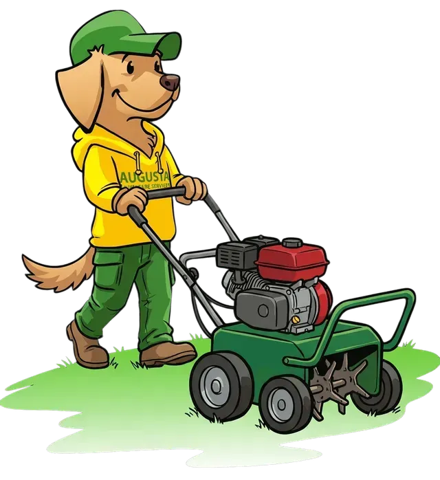 Augusta Lawn Care Mascot performing Aeration