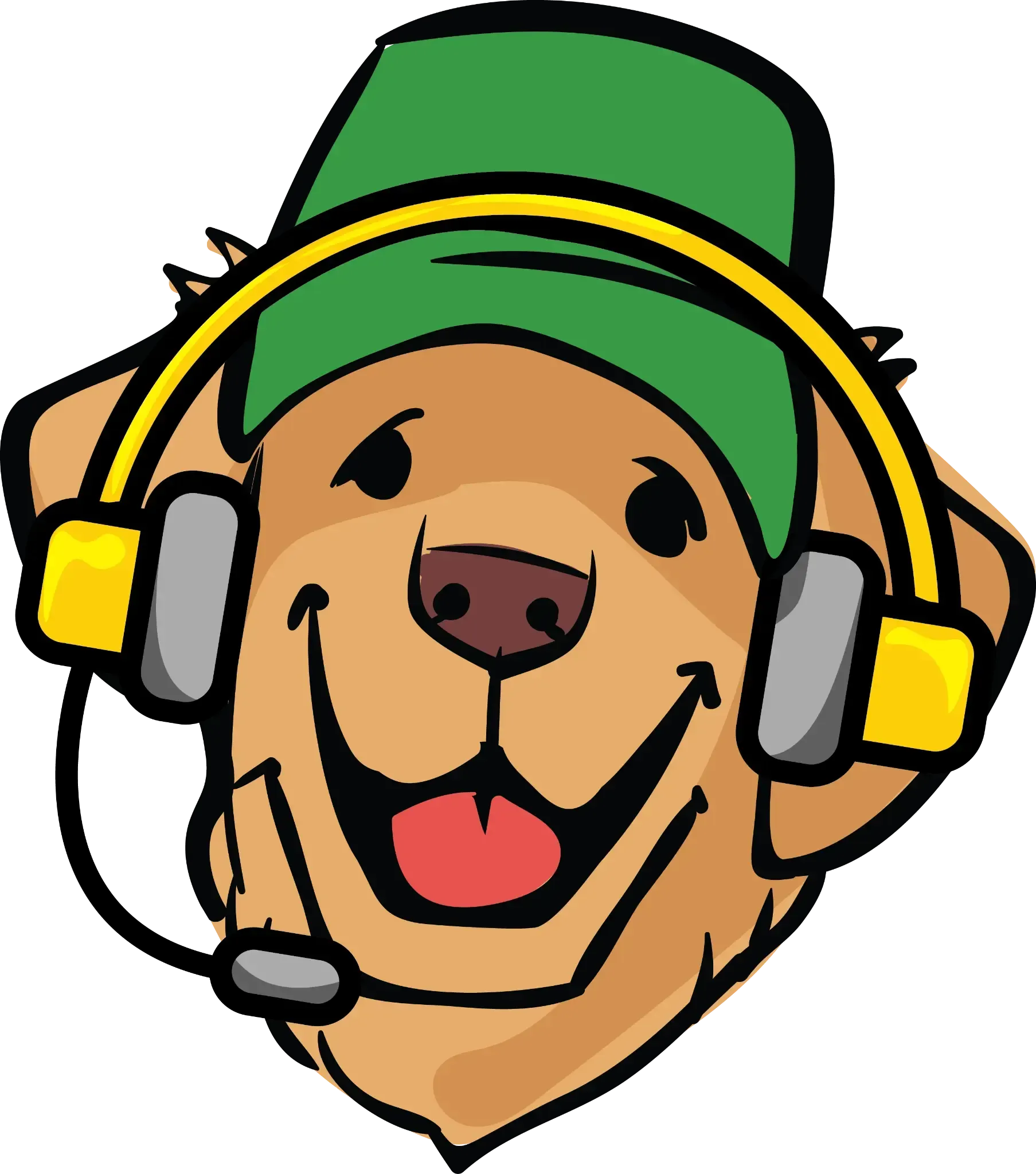 Cartoon dog mascot wearing a green hat and yellow headset, smiling with tongue out.