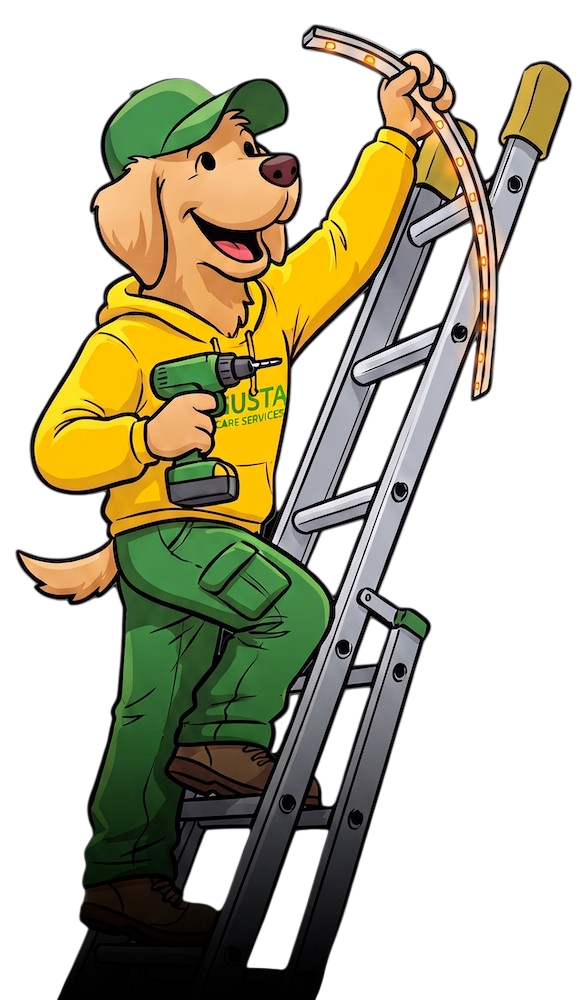 Augusta Lawn Care Mascot climbing a ladder and using installing permanent lighting