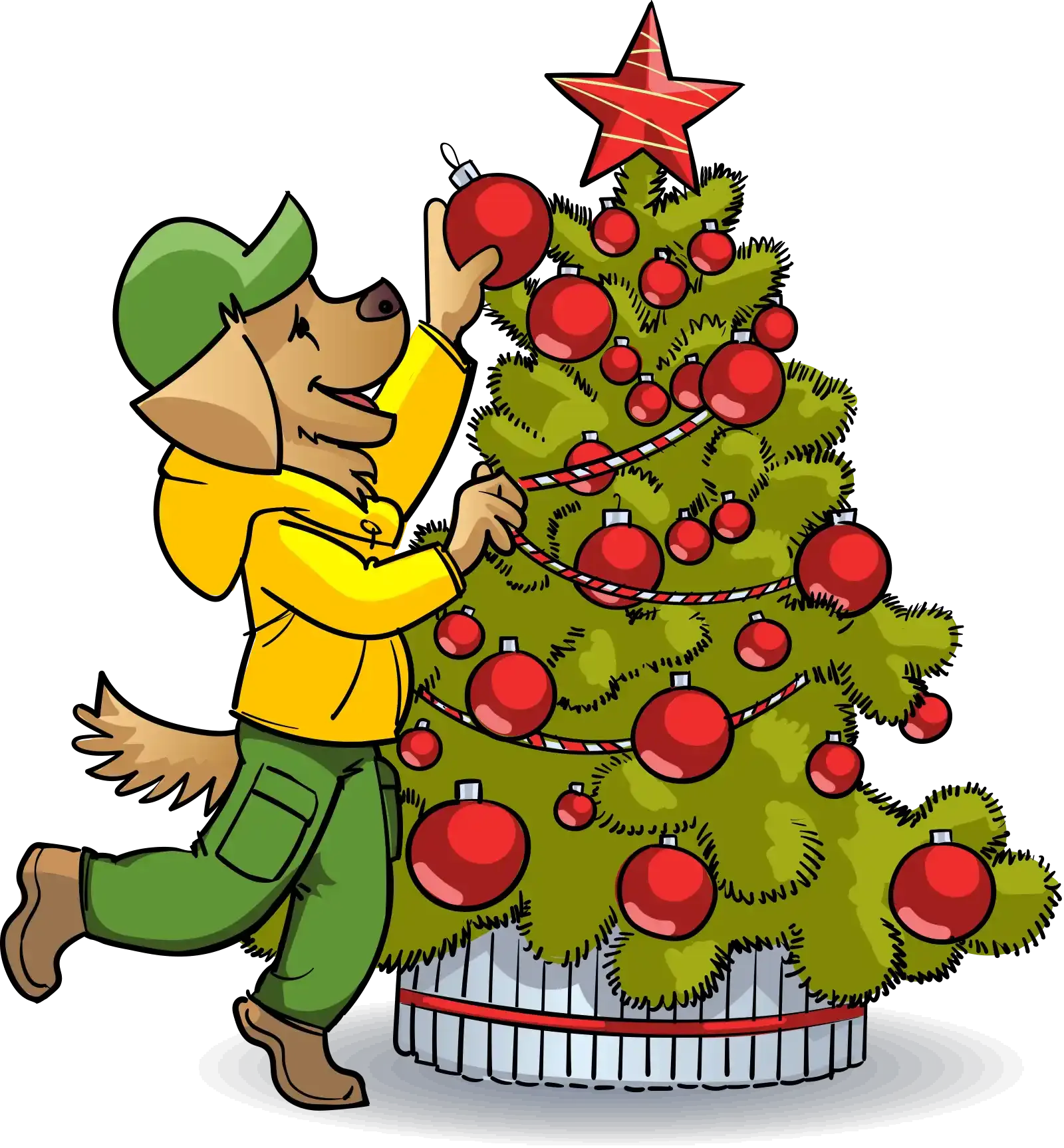 Max our mascto is decorating a christmas tree with red ornaments