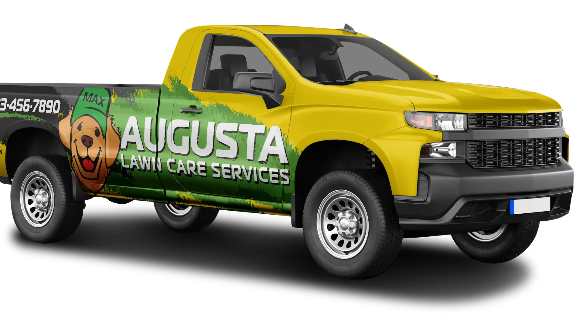 Yellow and black Augusta Lawn Care Services pickup truck.