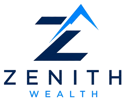 Zenith Wealth logo with blue stylized Z and mountain above navy and light blue text