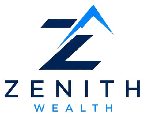 Zenith Wealth logo with blue stylized Z and mountain above navy and light blue text