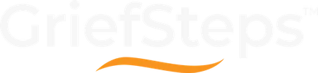 GriefSteps logo with light gray text and an orange swoosh underneath