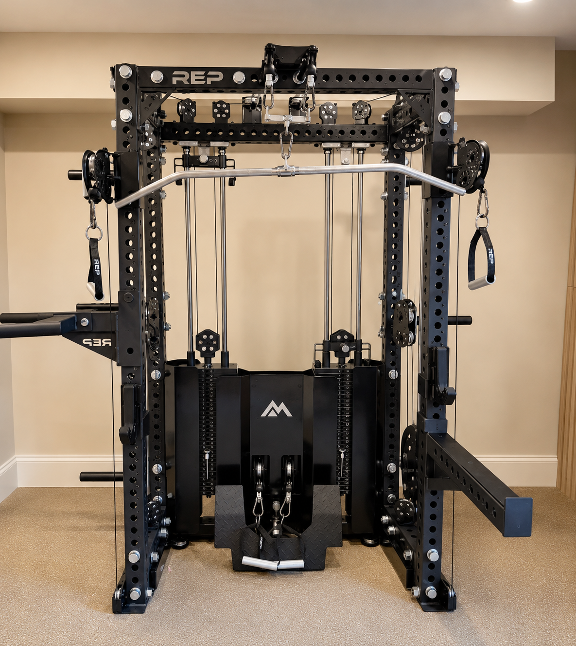 Black multi-gym exercise machine with hanging straps in a beige room.