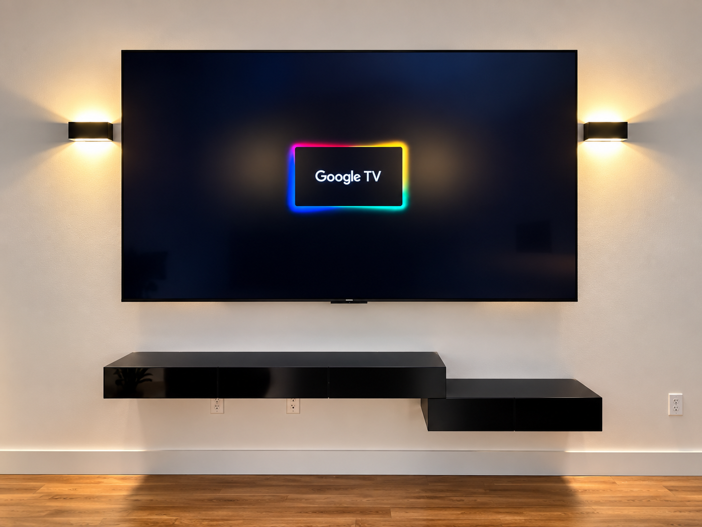 Wall-mounted TV showing Google TV above floating shelves in a modern living room.