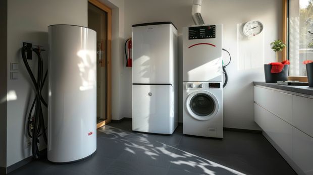 Utility room with water heater, two white refrigerators, a washing machine, and cabinets by a window